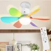 A ceiling fan with colored blades and a light is shown mounted on a ceiling. Náhled obrázku produktu