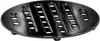 A black metal trivet with a slotted surface and three small feet. Produktbild-Vorschau