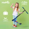 A young girl is holding a scooter, with icons and text indicating product features. Náhľad obrázku produktu
