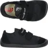 A top-down and side view of a pair of black children's shoes.