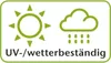 A graphic showing a sun and a cloud with rain, indicating UV and weather resistance, with text below. Anteprima dell’immagine prodotto