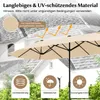 A beige patio umbrella is shown in an outdoor setting with a house in the background and icons at the bottom highlighting product features. Produktbild-Vorschau