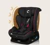 A black car seat with red trim, shown against a light beige background. Orange graphic elements highlight safety features. Produktbild-Vorschau