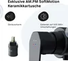 A close-up marketing image showcasing a black and gray shower faucet with accompanying product details and components. Produktbild-Vorschau