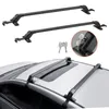A set of black roof rack crossbars and a close-up of the locking mechanism with keys, shown against a white background. A separate image shows the crossbars installed on the roof of a car. Produktbild-Vorschau