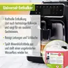 A coffee machine with a container of descaler in the foreground, with text describing the product's features. Produktbild-Vorschau