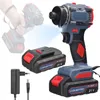 A cordless electric screwdriver with two batteries, a charger, and a ghosted image of a hand holding the screwdriver. Podgląd zdjęcia produktu