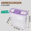 A clear shot of a plastic food storage container with a purple lid, with dimensions and volume indicated by text and arrows. Anteprima dell’immagine prodotto