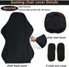 A collage of images showing a black gaming chair cover and its components, along with descriptive text. Produktbild-Vorschau