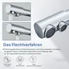 Close-up of a chrome faucet with water flowing, accompanied by text and icons describing its features. Produktbild-Vorschau