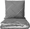 A folded duvet and pillow set with a grey background and a geometric line pattern. Produktbild-Vorschau