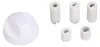 A white round knob and five white adapter pieces are arranged on a white background. The knob has a curved surface with two indentations. The adapter pieces are cylindrical with ribbed outer surfaces and open centers. Three of the adapter pieces are taller Produktbild-Vorschau