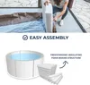A person is assembling a white foam structure for a hot tub. Below, a diagram shows the assembled hot tub and its foam components. Produktbild-Vorschau