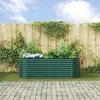 A green raised garden bed filled with plants, set against a wooden fence. Produktbild-Vorschau
