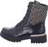 A black boot with a patterned cuff and a gold trim detail. Voir les images du produit
