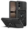 A black phone case with a sliding camera cover and a ring stand, shown from multiple angles. Produktbild-Vorschau
