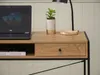 A close-up view of a wooden desk with a laptop, a plant, and a lamp. Podgląd zdjęcia produktu