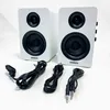A pair of white Sanyun SW208 speakers with their cables laid out in front of them on a white background. Produktbild-Vorschau