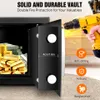 An open safe filled with gold bars and stacks of money, with a drill attempting to penetrate the door and icons highlighting security features. Produktbild-Vorschau