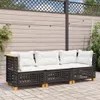 A three-seater outdoor sofa with white cushions is placed on a paved patio, with a wooden fence and string lights in the background. Produktbild-Vorschau
