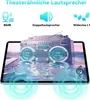 A tablet displaying a 3D image of a boombox with sound waves emanating from it, set against a backdrop of water and mountains. Produktbild-Vorschau