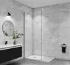 A modern bathroom with a walk-in shower, vanity, and mirror. Produktbild-Vorschau