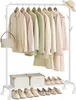 A white rolling garment rack filled with pastel-colored clothing and accessories, with storage boxes and shoes on the lower shelves. Produktbild-Vorschau