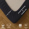 A close-up of a dark blue fitted sheet corner on a light beige mattress, with a wooden floor visible below. Produktbild-Vorschau