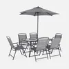 A grey outdoor dining set with a table, six chairs, and a parasol, presented against a plain white background. Anteprima dell’immagine prodotto