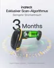 A barcode scanner with a glowing green battery, surrounded by a circular graphic and text highlighting its features. Produktbild-Vorschau