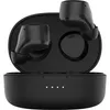 A pair of black wireless earbuds in their charging case.