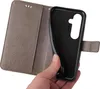 A hand is holding open a gray floral patterned flip phone case, revealing the black inner phone holder. Produktbild-Vorschau