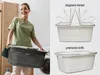 A woman holding a laundry basket in a laundry room, with product feature illustrations on the right. Produktbild-Vorschau