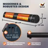 A product image showing a black infrared heater with glowing orange and yellow heating elements, along with its dimensions and included accessories. It also features marketing text and quality seals. Produktbild-Vorschau