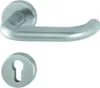 A door handle and a keyhole escutcheon plate, both made of brushed metal, are shown against a white background. Produktbild-Vorschau