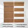A split image showing two views of a brown roller blind with alternating opaque and sheer stripes. The left side shows the blind in a more textured, layered view, while the right side shows the alternating stripes more clearly. Text descriptions of feature Produktbild-Vorschau