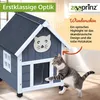 A cat house with a cat interacting with it, with promotional text and a logo. Produktbild-Vorschau