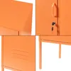A collage of four close-up images of an orange metal cabinet, showing different details of its construction and features. Podgląd zdjęcia produktu