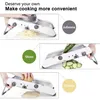 A collage of images showing a mandoline slicer in use, demonstrating different cutting styles. Produktbild-Vorschau