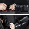 Collage of four images showing how to attach an auto organizer to a car seat using buckles and straps. Produktbild-Vorschau