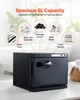 A black towel warmer is shown in a bathroom setting, with various items it can be used for illustrated above it. Anteprima dell’immagine prodotto