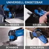 A collage of four images showing a blue and black oscillating multi-tool being used for different tasks: cutting, sawing, scraping, and sanding. Náhled obrázku produktu