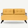 A yellow sofa with two cushions and wooden armrests, shown against a white background. Náhled obrázku produktu
