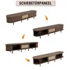 A collage of images showing a dark walnut TV stand with rattan elements from different angles and perspectives. Podgląd zdjęcia produktu