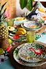 A table setting with tropical-themed plates, glasses, and fruit. Produktbild-Vorschau