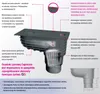 Diagram of a rain gutter downspout collector with callouts explaining its features. Produktbild-Vorschau