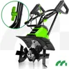 A green and black electric garden tiller (cultivator) is shown from a diagonal angle against a white and light gray background. A close-up inset highlights a green adjustment knob. Náhľad obrázku produktu