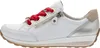 A side view of a white sneaker with red laces and gold accents. Produktbild-Vorschau