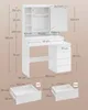 A diagram showing the dimensions of a white vanity table with drawers and a cabinet. Produktbild-Vorschau