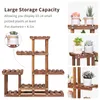 A wooden plant stand with multiple shelves, displaying potted plants. The image also includes text highlighting storage capacity. Anteprima dell’immagine prodotto